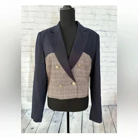 JASON WU NWT SZ M Cropped Blazer Navy w/ Gray Glen Plaid, Double Breasted CLASSY - Picture 1 of 8